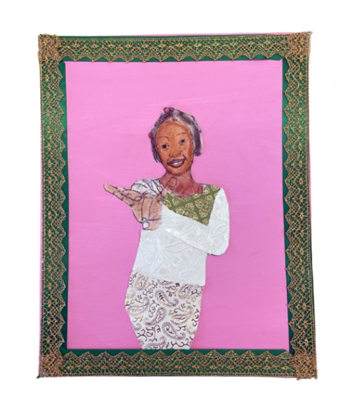 Self portrait of a young girl wearing floral patterns and barrettes in her hair.