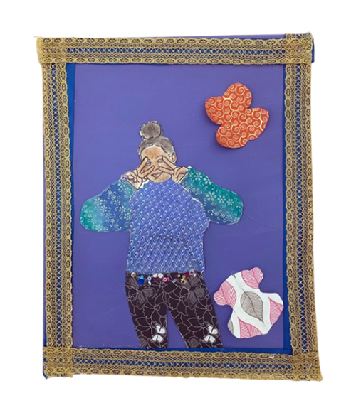 Self portrait of a young girl wearing a colorful shirt, pants with butterfly patterns and gems, with butterflies in the background.