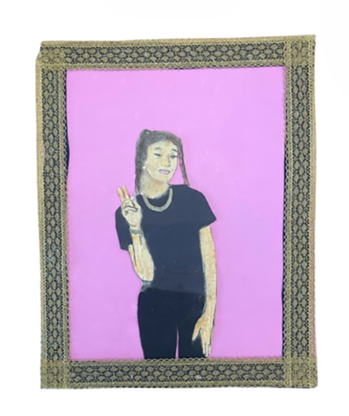 Self portrait of a young girl wearing dark clothing, bracelet, and a necklace, and doing a peace sign with one hand.