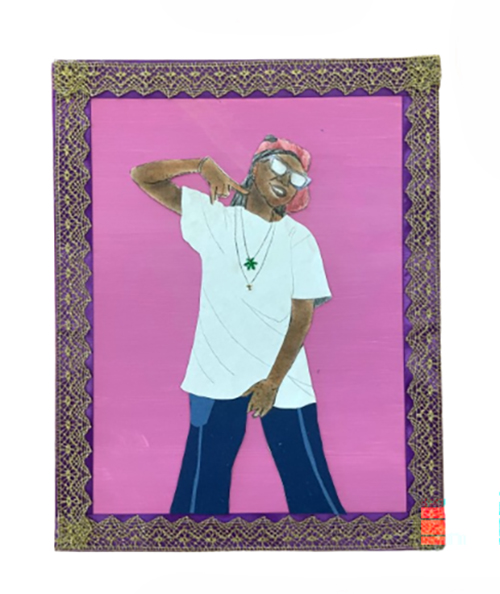 Self-portrait of a young girl wearing a white t-shirt, loose jeans, jewelry, sunglasses, and a hat.