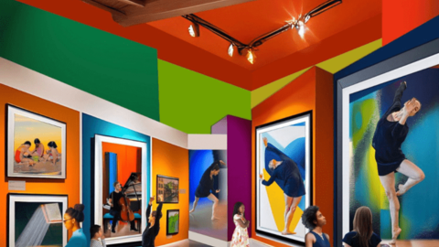 Colorful images displayed in a gallery, titled Dancing in the Frames, and created by artist Simon Demosthene