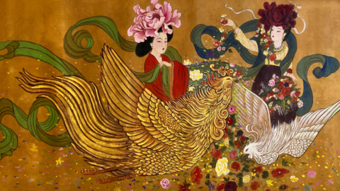Watercolor on silk painting of Empresses Liu and Dou of the Tang Dynasty riding large birds or dragons