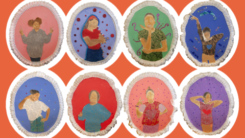 Self-portraits of Mother Carline Academy sixth-graders for the annual 2026 exhibit