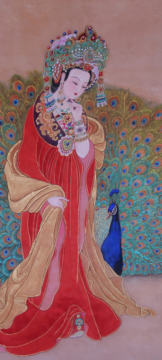 Watercolor on silk painting of Empress Dou of the Tang Dynasty, wearing a large crown with a huge peacock behind her