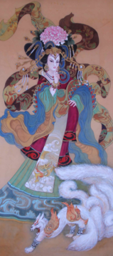 Watercolor on silk painting of Empress Guo Nüwang of the Three Kingdom period with a fierce looking animal at her feet
