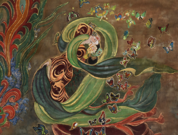 Watercolor on silk painting of Empress He Fani of the Eastern Jin Dynasty, surrounded by butterflies and silk scarves