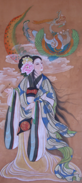 Watercolor on silk painting of Empress Ma of Han Dynasty, with a dragon flying in the background