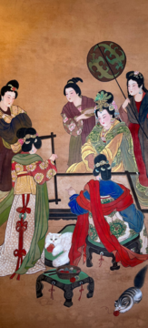 Watercolor on silk painting of Empress Wang of the Tang Dynasty, surrounded by other women working with silk and cats on the floor playing with balls of yarn