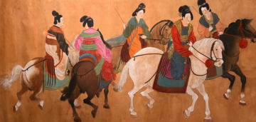 Watercolor on silk painting of Empress Wang Tang Dynasty, with other women all riding horses