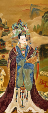 Watercolor on silk painting of Empress Wu Zetian of the Tang Dynasty, with her village in the background