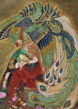 Watercolor on silk painting of Empress Yu Daolian of the Eastern Jin Dynasty, embraced by a large peacock and holding a flower