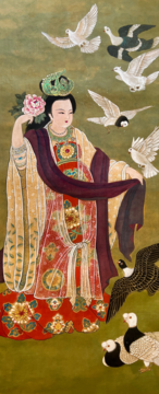 Watercolor on silk painting of Empress Zhang Sun of the Tang Dynasty, surrounded by birds