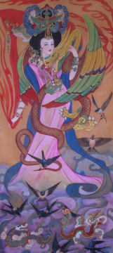 Watercolor on silk painting of Empress Zhao Feiyan of the Han Dynasty, surrounded by birds and embraced by a dragon