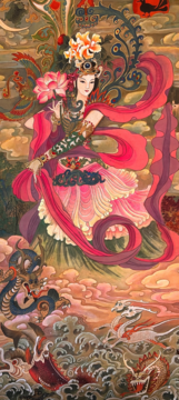 Watercolor on silk painting of Grand Empress Zhen of the the Three Kingdoms period, posing with large flowers and dragons