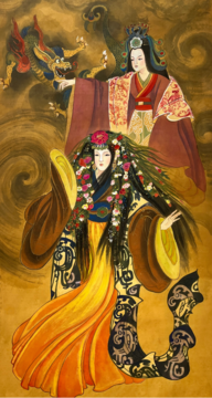 Watercolor on silk painting of Empresses Fushou (back) and Cajoie (front) of the Han Dynasty, with a dragon in the background