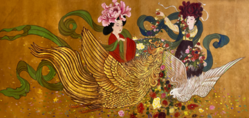 Watercolor on silk painting of Empresses Liu and Dou of the Tang Dynasty riding large birds or dragons
