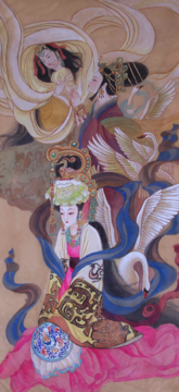 Watercolor on silk painting of Empresses Zhang, Wang, and Bian of the Three Kingdoms period, with swans