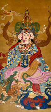 Watercolor on silk painting of Grand Empress Dowager Shanguang of Han Dynasty, surrounded by several dragons