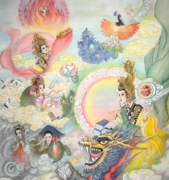 Watercolor on silk painting of empresses of the Ming Dynasty Early Period, surrounded by books, birds, and writing instruments