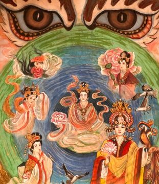 Watercolor on silk painting of empresses in the Ming Dynasty End Period, with a large pair of eyes in the background