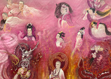 Watercolor on silk painting of 13 empresses of the Northern Qi, Northern Dynasties , each posing with either a dragon, a horses, or a cat