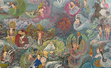 Watercolor on silk painting of the empresses of the Northern Wei, Northern Dynasties with horses and dragons