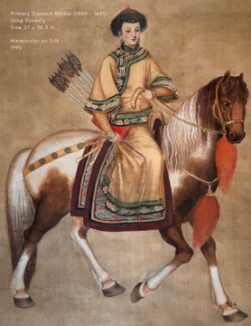 Watercolor on silk painting of Primary Consort Minhui of the Qing Dynasty, riding a horse and carrying arrows and a whip