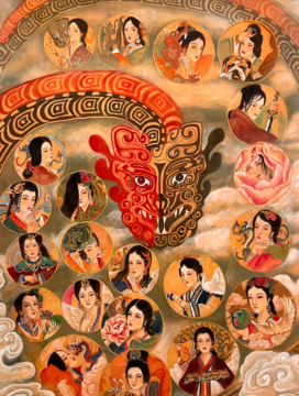 Watercolor on silk painting of Southern Dynasties Lui Song Empresses, with a large dragon
