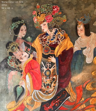 Watercolor on silk painting of the five Empresses of the Western Jin Dynasty, all wearing beautiful crowns