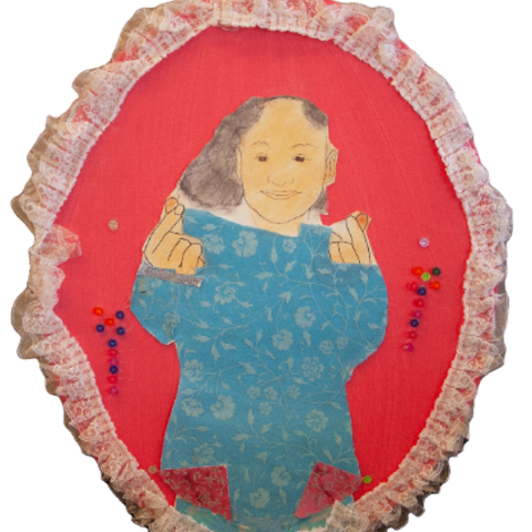 Self-portraits of a young girl wearing floral print and making heart symbols with her hands