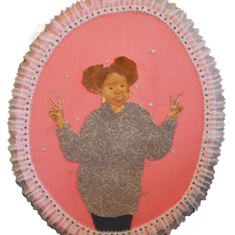 Self-portrait of young girl posing with peace signs in front of a pink background