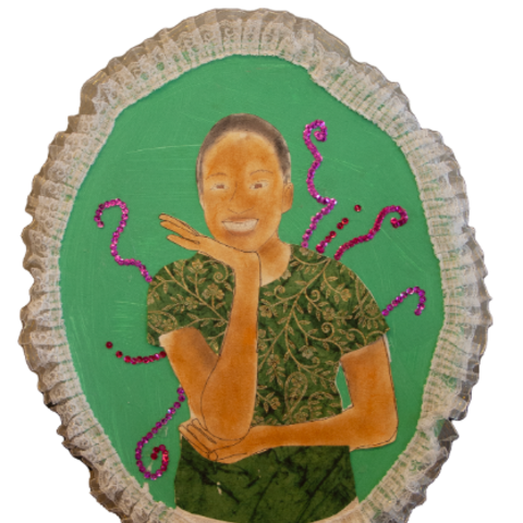 Self-portrait of young girl wearing a green floral outfit