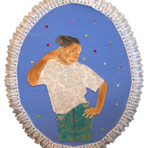 Self-portrait of a young girl wearing a white shirt with decorative detail