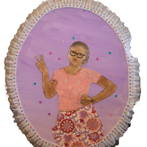 Self-portrait of a young girl wearing pink and florals and posing with peace sign