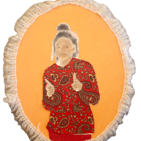 Self-portrait of a young girl wearing a bow on her head