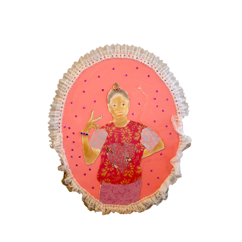 Self-portrait of a young girl posing with peace sign in front of a pink background
