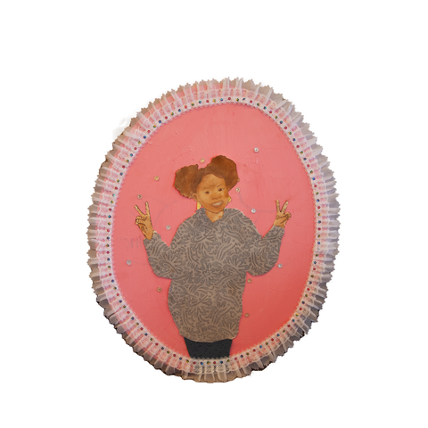 Self-portrait of young girl posing with peace signs in front of a pink background