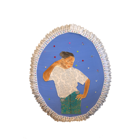 Self-portrait of a young girl wearing a white shirt with decorative detail