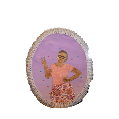 Self-portrait of a young girl wearing glasses and pink florals and posing with peace sign