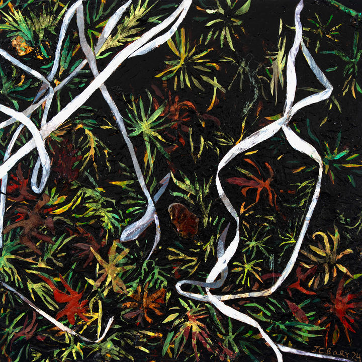 Mixed media on wood panel of Juniper Haircap (Polytrichum juniperinum)