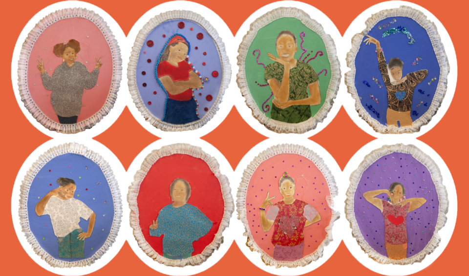 Self-portraits of Mother Carline Academy sixth-graders for the annual 2026 exhibit