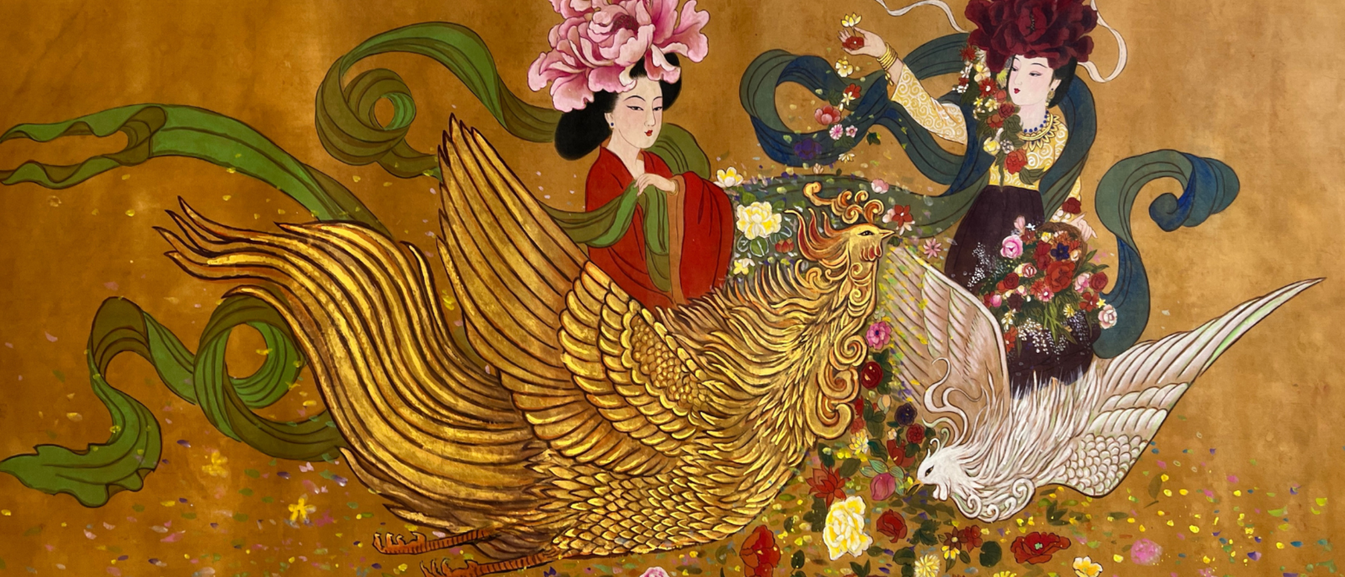 Watercolor on silk painting of Empresses Liu and Dou of the Tang Dynasty riding large birds or dragons