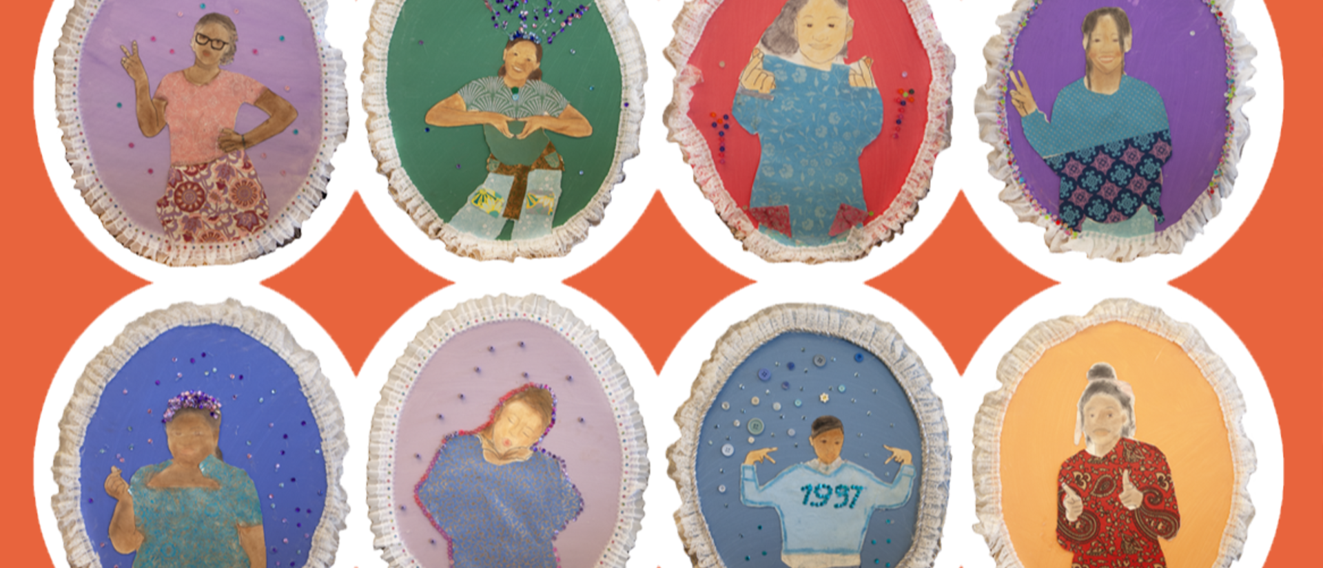 Self-portraits by Mother Caroline Academy students, inspired by Bahamian textile artist Gio Swaby