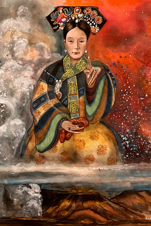 Watercolor on silk painting of Empress Dowager Cixi of Qing Dynasty, pointing at the viewer of the painting
