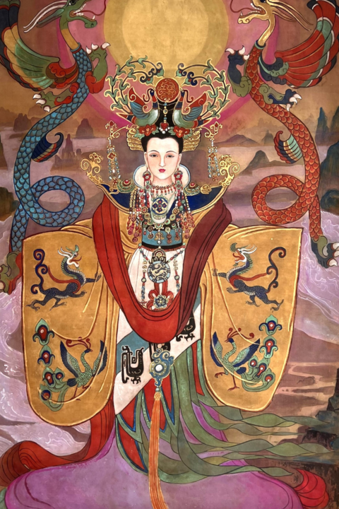Watercolor on silk painting of Empress Lu Zhi of the Han Dynasty, surrounded by dragons and birds 