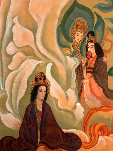 Watercolor on silk painting of Empresses Wu, Da Zhang, and Xiao Zhang of the Three Kingdoms period