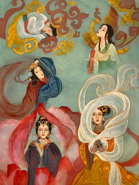 Watercolor on silk painting of the five empresses of the Eastern Wu, Three Kingdoms period