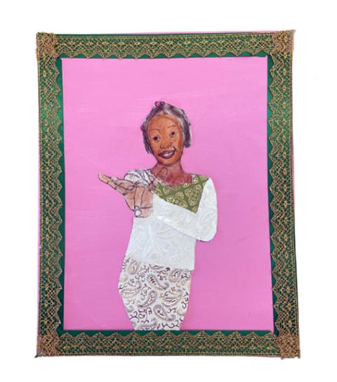 Self portrait of a young girl wearing floral patterns and barrettes in her hair.
