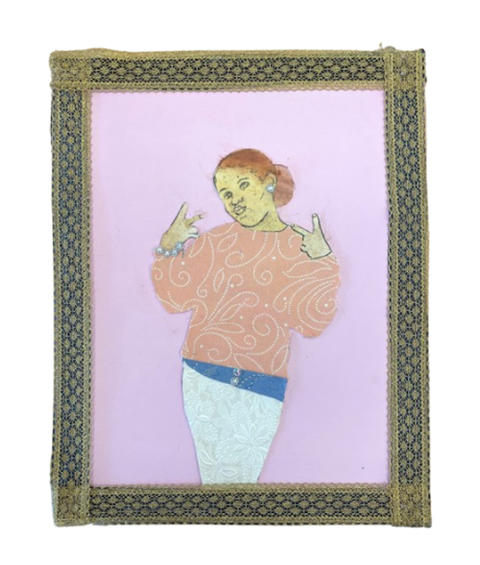 Self portrait of a young girl wearing a pink sweater with a pattern and making peace signs with both hands.