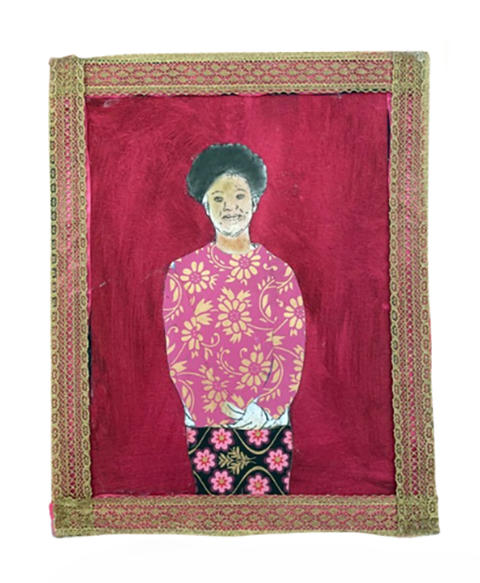 Self-portrait of a young girl with short dark hair and wearing floral patterns.